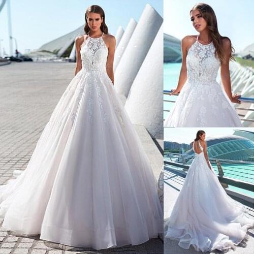Gorgeous Tulle Halter Neckline A-line Wedding Dresses Lace Applique Open Back Bridal Dress vestido casamento
