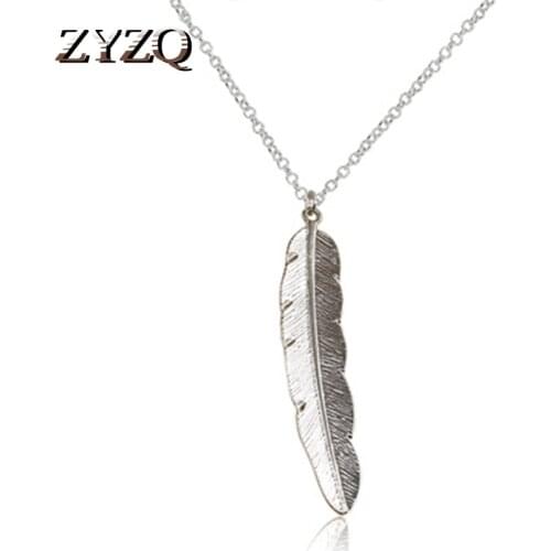 ZYZQ Geometric Vintage Feather Pendant Necklace Bright Silver Plated Women Accessories Jewelry Birthday Gift Necklace Hot Sale