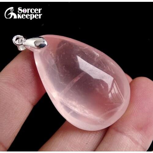 SorcerKeeper High Quality Crystal Natural Rose Quartz Pink Opal Jewelry Drop Pendant Necklace for Women Girls Choker BF494