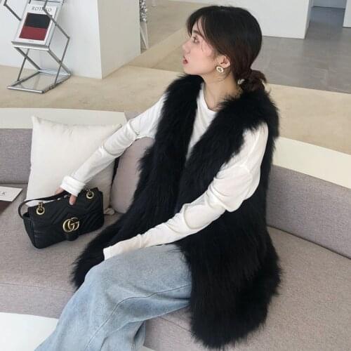 Zero Fish Online Celebrity Coats Knitted Real Fox Fur Vest Long 70CM Raccoon Dog Fur Natural Animal Fur Vest Fashion Popular