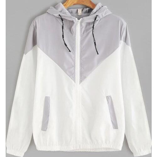 Women Hooded Basic Jackets Autumn Hooded Jacket Female Zipper Pockets Two Tone Windbreaker Jacket Casual Long Sleeves Coats