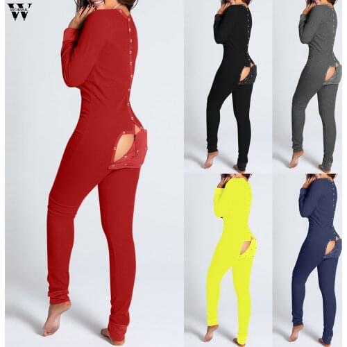 New Vneck Button Sexy Rompers Women Long Sleeve Black Bodycon Jumpsuit Women Playsuit Skinny Overalls Sleepwear Back Flap Street