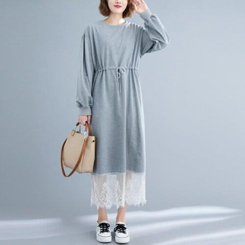 Spring Autumn Women Dress Long Sleeve O-neck Patchwork Lace Loose Casual Women Elegant Dress Solid Color Fairy
