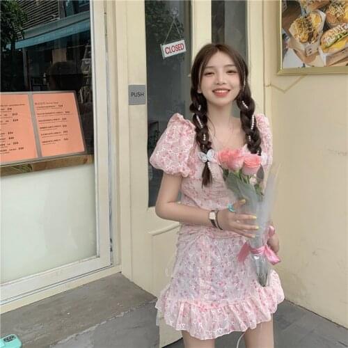 Summer Korean style v-neck slim puff sleeve pleated floral dress women
