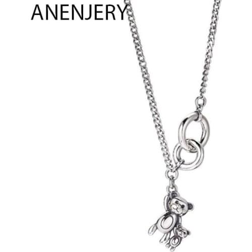 925 Sterling Silver Vintage Double Circle Little Bear Necklace Animal Thai Silver Necklace For Women Couple Jewelry S-N620