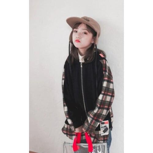 2021 Korean style girls boys plaid patchwork hooded coat full sleeve autumn kids coat 4-9t A620