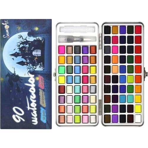 50 Color Solid Watercolor Paint Set Portable Metal Box Watercolor Pigment for Beginner Drawing Watercolor Paper Supplies