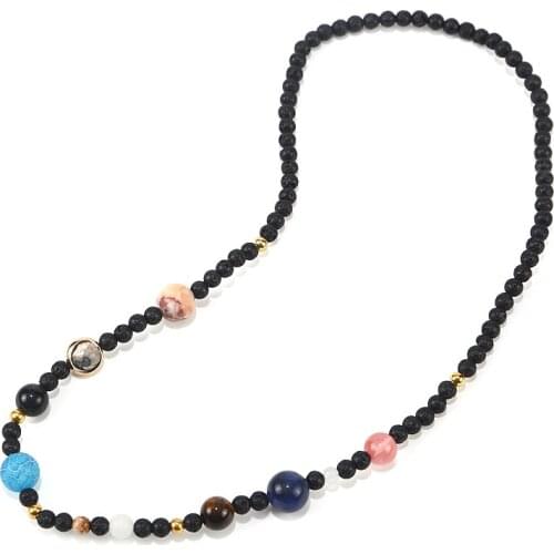 9 Planets Solar System Space Cosmic Galaxy Nebula Dome Beaded Necklace 4mm Lava stone Essential Oil Diffuser Necklace Jewelry