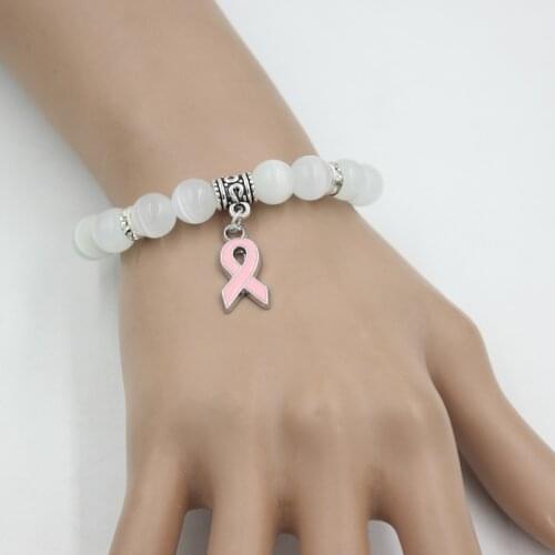 New Arrival Breast Cancer Awareness Jewelry White Opal Beaded Bracelet Breast Cancer Pink Ribbon Charm Bracelets&Bangles gifts