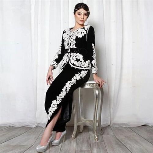 Black Moroccan Kaftan Caftan Muslim Evening Dresses Sheath Long Sleeves Appliques Dubai Arabic Turkey Abaya Islamic Gown