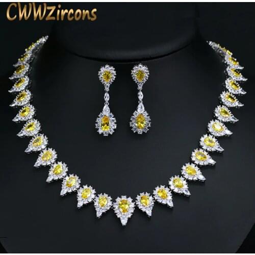 CWWZircons Shiny Pear Drop Yellow Crystal And Cubic Zirconia Party Jewelry Set For Women Luxury Wedding Costume Jewellery T267
