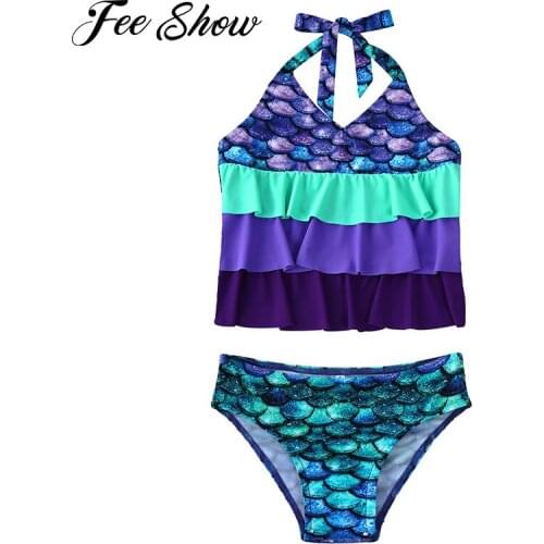 Kids Girls Mermaid Swimwear Swimsuit Swimming Suit Halter Neck Sleeveless Open Upper Back Fish Scales Print Tops and Briefs Set