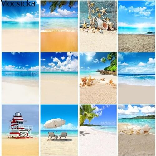 Newborn Kids Summer Beach Birthday Portrait Photo Background for Photographic Studio Blue Sky and Sea Palm Tree Rainforest Props