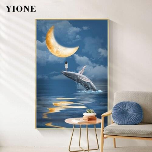Whale Shark Girl Moon Canvas Painting Nordic Art Dark Blue Seascape Ocean Animal Wall Poster Print Picture for Living Room Decor
