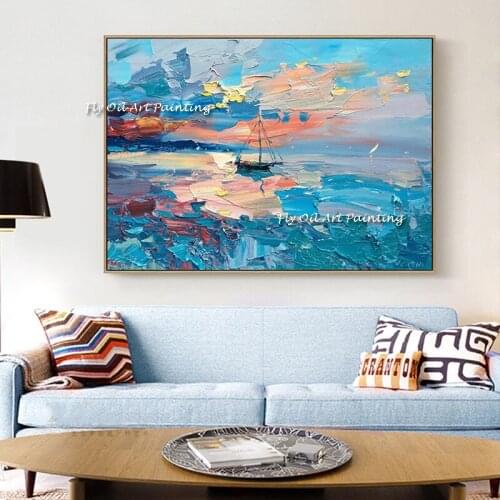 Knife painting Colorful sunset sea level sailboat 100% Handmade Oil painting abstract wall art handmade image for office