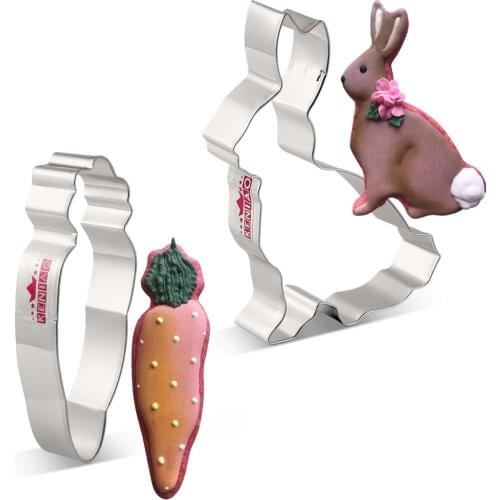 KENIAO Easter Cutters Set for Party - 2 Piece - Bunny(Running) and Carrot Biscuit / Fondant / Pastry Cutter - Stainless Steel