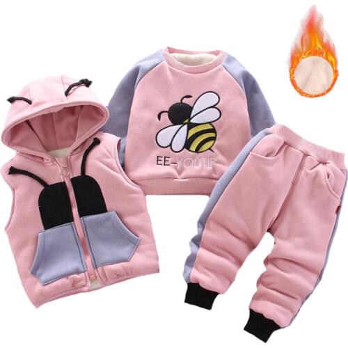 Cute Bee Thick Warm Girls Winter Clothing Set Plush Lining Hooded Vest+Blouse+Pants Suit For Girl Toddler Kids Birthday Present