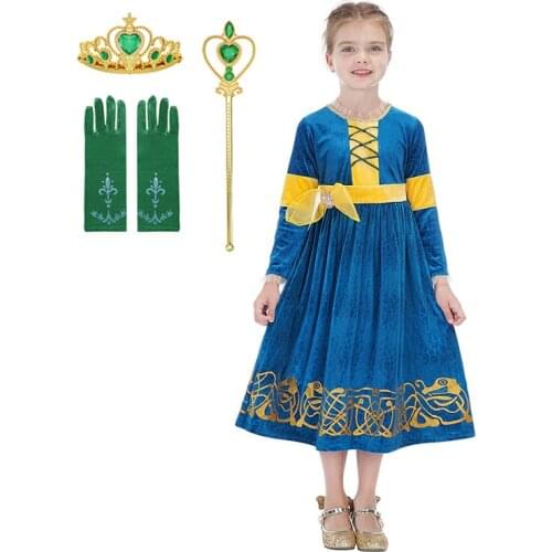 Girls Brave Meride Dresses Princess Cosplay Costume Halloween Children Costumes Kids Cartoon Dress Uniform Meride Wig