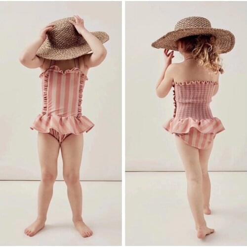 Summer New Baby Girls Princess Swimwear Pink Striped Beach Seaside One Piece Kids Clothing Ruffles Cute Children Swimsuits