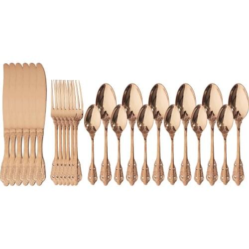 24Pcs Rose Gold 304 Stainless Steel Cutlery Set Western Tableware Set Colorful Dinnerware Set Luxury Vintage Knife Fork Spoon