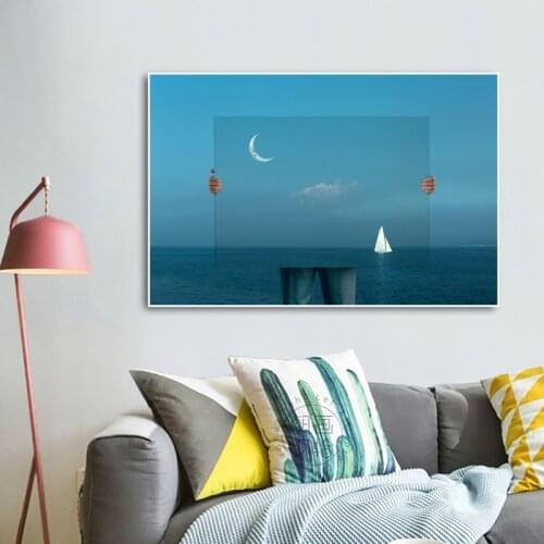 Nordic Blue Ocean Boat Wall Art Poster Night Moonlight Landscape Canvas Painting Pictures Cuadros Modern Living Room Home Decor