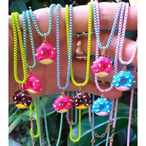 5PCS, Colorful Box Chain Donut Pendant Necklace Enameled Copper Chain Fashion Jewelry