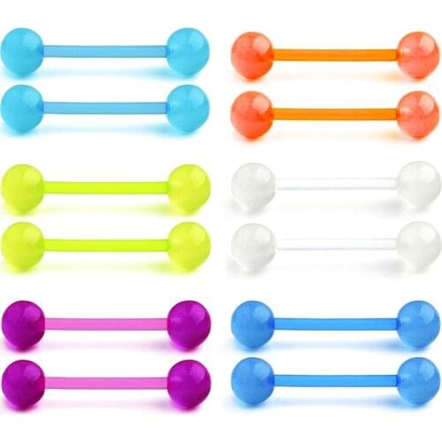 Plastic Tongue Rings Nipple Barbell Stainless Steel Bioflex Flexible Glow in The Dark Ball Clear Tongue Piercing 4mm 16mm 18mm