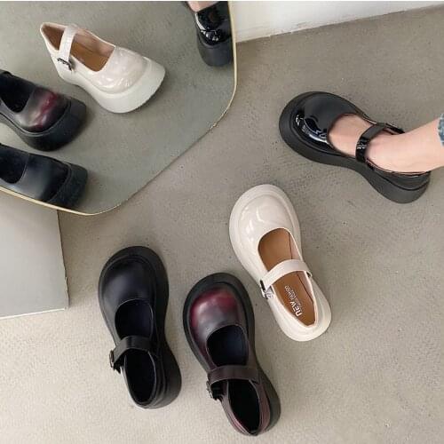 Lolita Shoes Women Mary Janes Shoes Round Toe Flat on Platform Shoes Girls Student Thick Sole Leather Princess Shoes Wihte 9316L