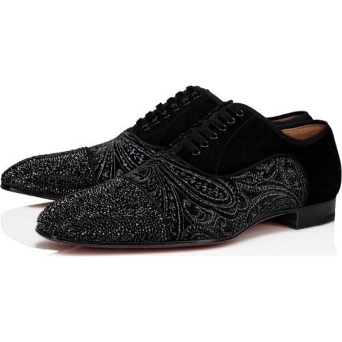 SHOOEGLE Luxury Black Handmade Rhinestone Shoes Men Diamond Printing Flower Embroider Lace Up Flat Shoes Male Fashion Loafer