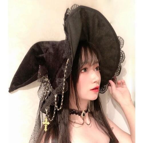 Japan Lolita Witch Hat Gothic Magic Halloween Costume Accessories Props Vintage black Lace Big Bow Cosplay Party Wizard hat