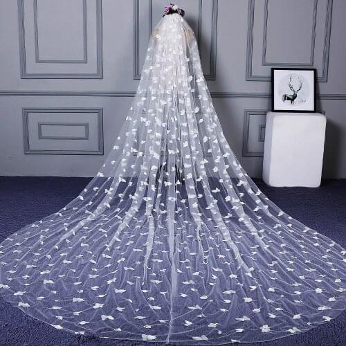 Women Ivory One Layer Wedding Bridal Cathedral Veil 3.5m with Comb Cut Edge Long Veil Soft Floral Lace Accessory Bride Elegant