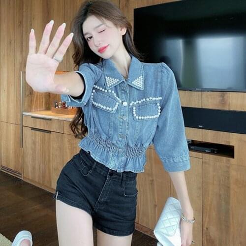 Womens Shirt 2021 Elastic Waist Pocket Blouse Clothing For Women Casual Tops Beading Turn Down Collar Short Denim Blouses Femme