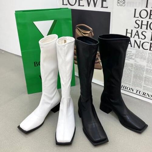 Square Toe Women Knee Booties Black/White Flats Mid Heels Slip On Sock Booties Stretch Boots Flats Heeled Winter Autumn Boots