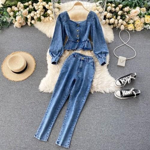 Women Denim V Neck Ruffles Single Button Puff Sleeve Jumper Tops+High Waist Jeans Pants Two Pieces Set Suits
