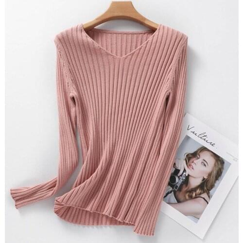 Fashion Korean Women Autumn Sweater Pullover Temperament Elegant Slim Knitwear Casual V-Neck Ladies Long Sleeve Top TT0067
