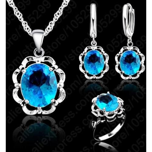 New Arrival Blue Cubic Zirconia Pendant Necklace Earring Ring Jewelry Sets 925 Pure Crystal Woman Gift