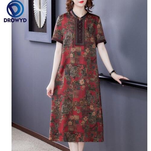 Women Vintage Floral Mulberry Silk Satin Midi Dress 2021 Summer Casual Loose O-neck Print Dresses Elegant Bodycon Party Vestidos