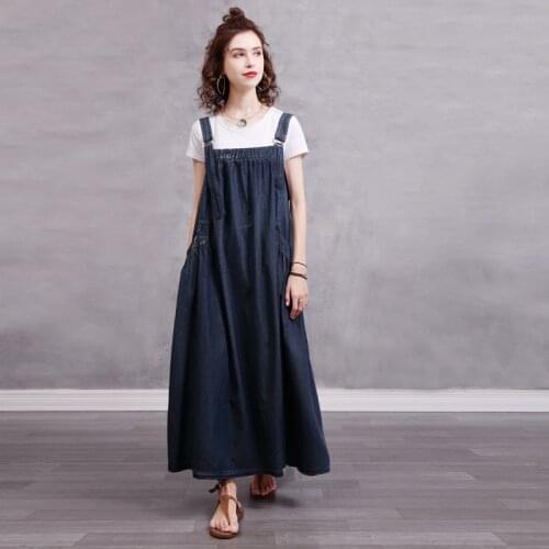 Johnature Women Denim Strap Dress Vintage Sleeveless Simple Pocket Solid Color Clothing 2021 Summer New Loose Comfortable Dress