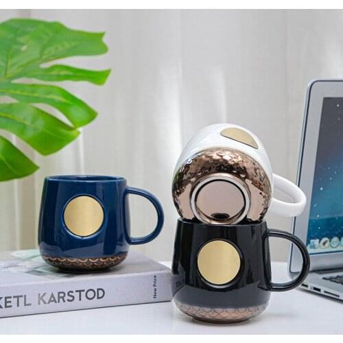 1pcs 420ml New Ceramic Cup Copper Flake Fish Scale Mug Large Capacity Coffee Office Gift Can Be Customized with Name and Logo