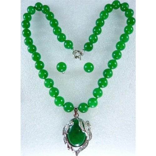 10MM noblest green jade necklace +18KGP pendant earring set 18"AAA