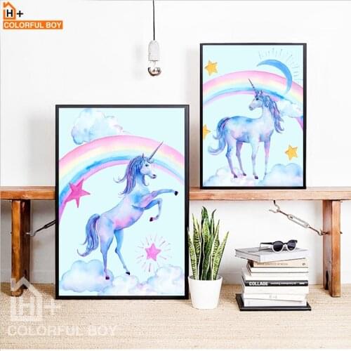 COLORFULBOY Unicorn Rainbow Star Canvas Painting Wall Art Print Nordic Poster Wall Pictures For Kids Room Home Decor