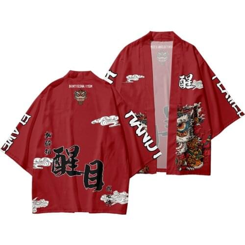 God Of Wealth Print Kimono Cardigan Men Japanese Traditional Casual Loose Thin Set of Coat and Pants Asian Clothes Harajuku