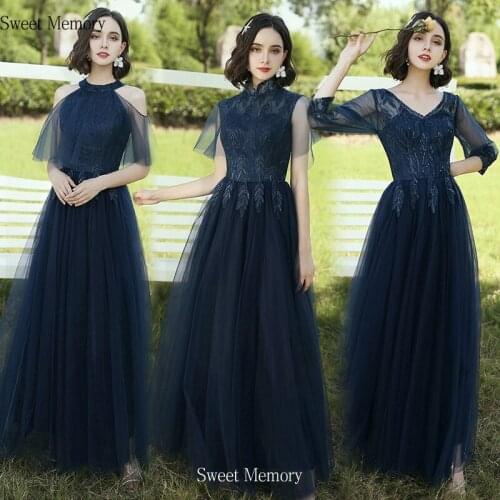 Sweet Memory Long Navy Blue High Neck Bridesmaid Dresses Lace Up Tulle Wedding Party Robe