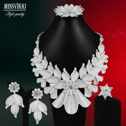 Missvikki Noble Luxury Big Leaves Flowers Jewelry Set Exquisite Indian Bangle Earrings Necklace Ring Jewelry Set High Quality