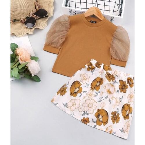 Summer New Suit Round Neck Thin Sand Bubble Sleeve + Sweet Floral Skirt Fashion Casual Cute ChildrenS Wear