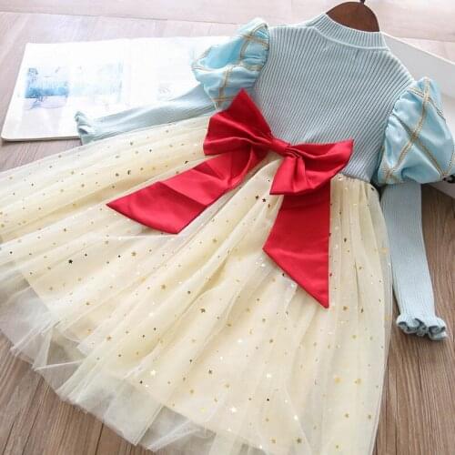 Wholesale girls Boutique dress baby girl sparkle bow knitted princess dresses