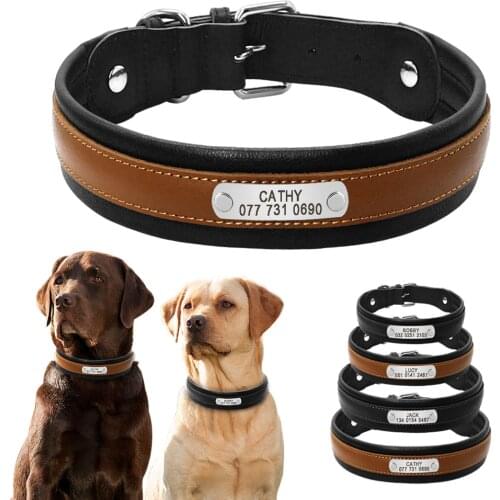 Personalized Large Dog Collars Adjustable Padded Customized Pet Name ID Leather Collar Free Engraving For Medium Large Dogs