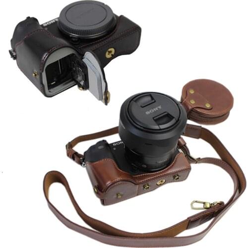 Portable PU Leather case camera bag For SONY A6500 ILCE-6500 Half Body bottom cover shouler strap With Battery Opening