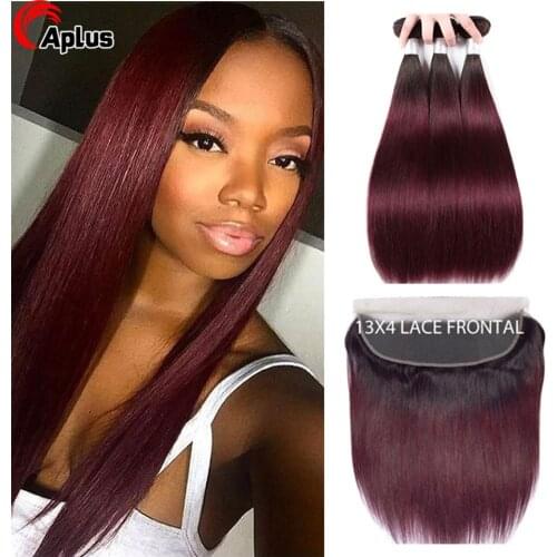 Ombre 99J Bundles With Frontal Peruvian Human Hair Bundles With Closure Red Burgundy Straight Hair Bundles With Frontal Ombre