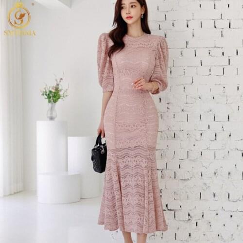 SMTHMA 2021 New Fashion Designer Runway Long Dress Women Lantern Sleeve Slim Elegant Lace Hollow Out Mermaid Dress